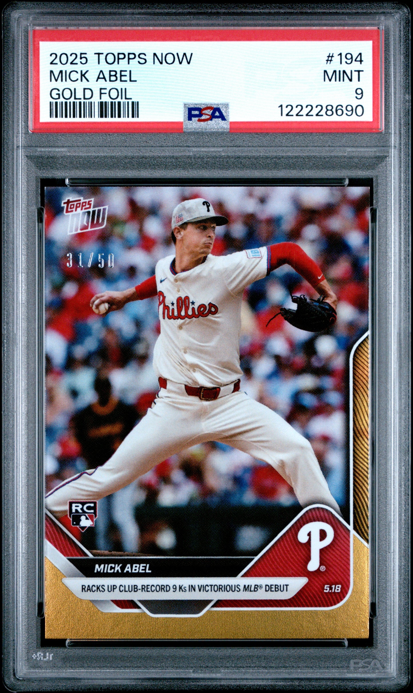 Graded 2025 Topps Now Mick Abel #194 Gold Foil /50 Rookie Baseball Card PSA 9 Mint