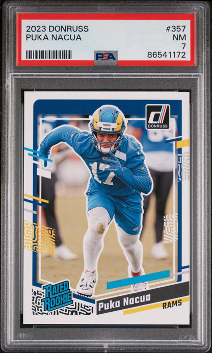 Graded 2023 Panini Donruss Rated Rookie Puka Nacua #357 Rookie RC Football Card PSA 7 NM