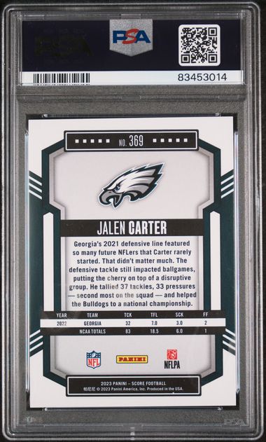 Graded 2023 Panini Score Jalen Carter #369 Gold Zone Rookie RC Football Card PSA 10 Gem Mint