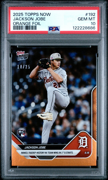 Graded 2025 Topps Now Jackson Jobe #192 Orange Foil /25 Rookie RC Baseball Card PSA 10 Gem Mint