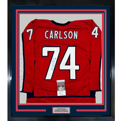 Framed Autographed/Signed John Carlson 35x39 Washington Red Hockey Jersey JSA COA