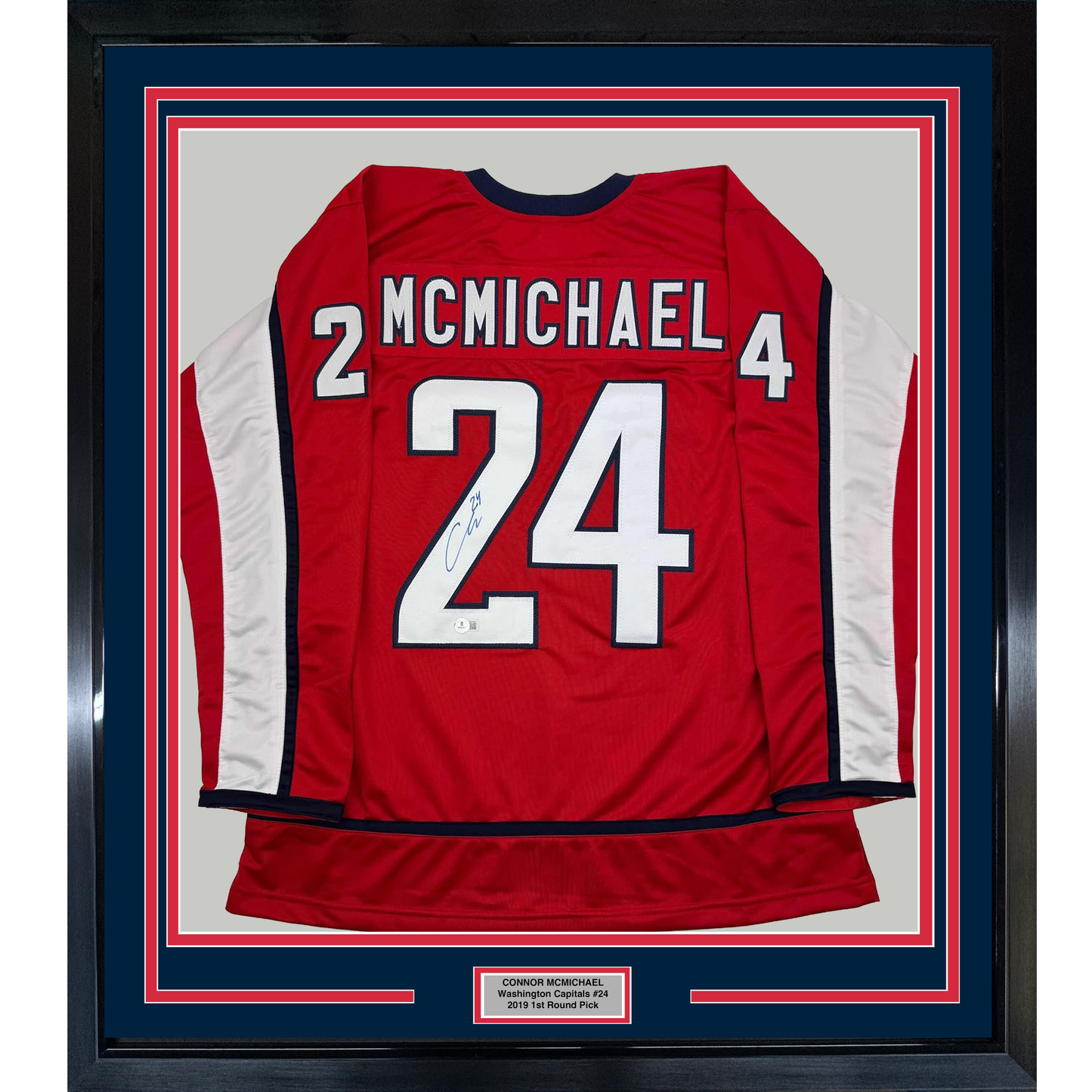 Framed Autographed/Signed Connor McMichael 35x39 Washington Red Hockey Jersey Beckett BAS COA