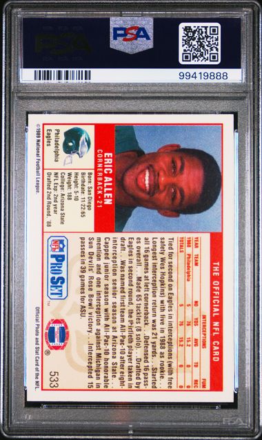 Graded 1989 Pro Set Eric Allen #533 Rookie RC Football Card PSA 10 Gem Mint