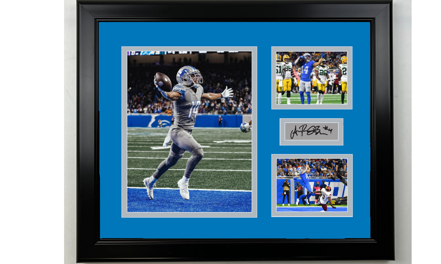 Framed Amon-Ra St. Brown Detroit Lions Facsimile Laser Engraved Signature Football 14x11 3 Photo Collage