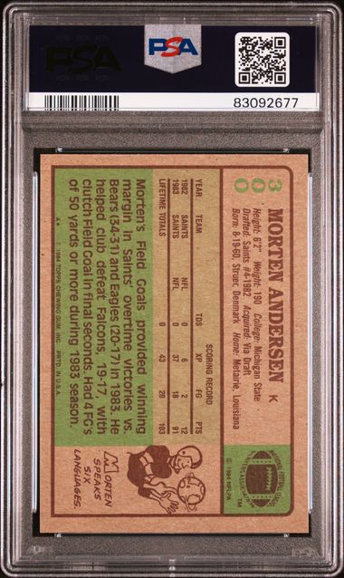 Graded 1984 Topps Morten Andersen #300 Rookie RC Football Card PSA 9 Mint