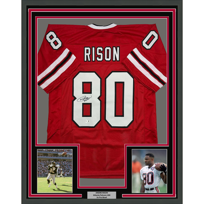 Framed Autographed/Signed Andre Rison 35x39 Atlanta Red Football Jersey Beckett BAS COA