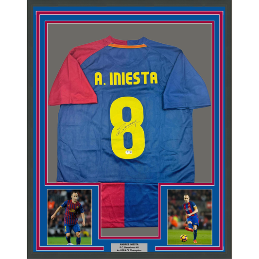 Framed Autographed/Signed Andres Iniesta 35x39 FC Barcelona Soccer Jersey Beckett BAS COA