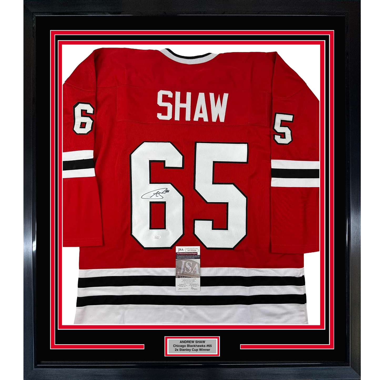 Framed Autographed/Signed Andrew Shaw 35x39 Chicago Red Hockey Jersey JSA COA