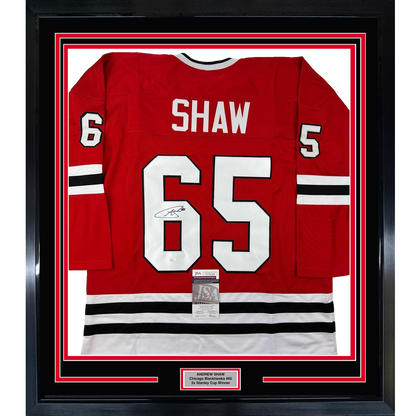 Framed Autographed/Signed Andrew Shaw 35x39 Chicago Red Hockey Jersey JSA COA