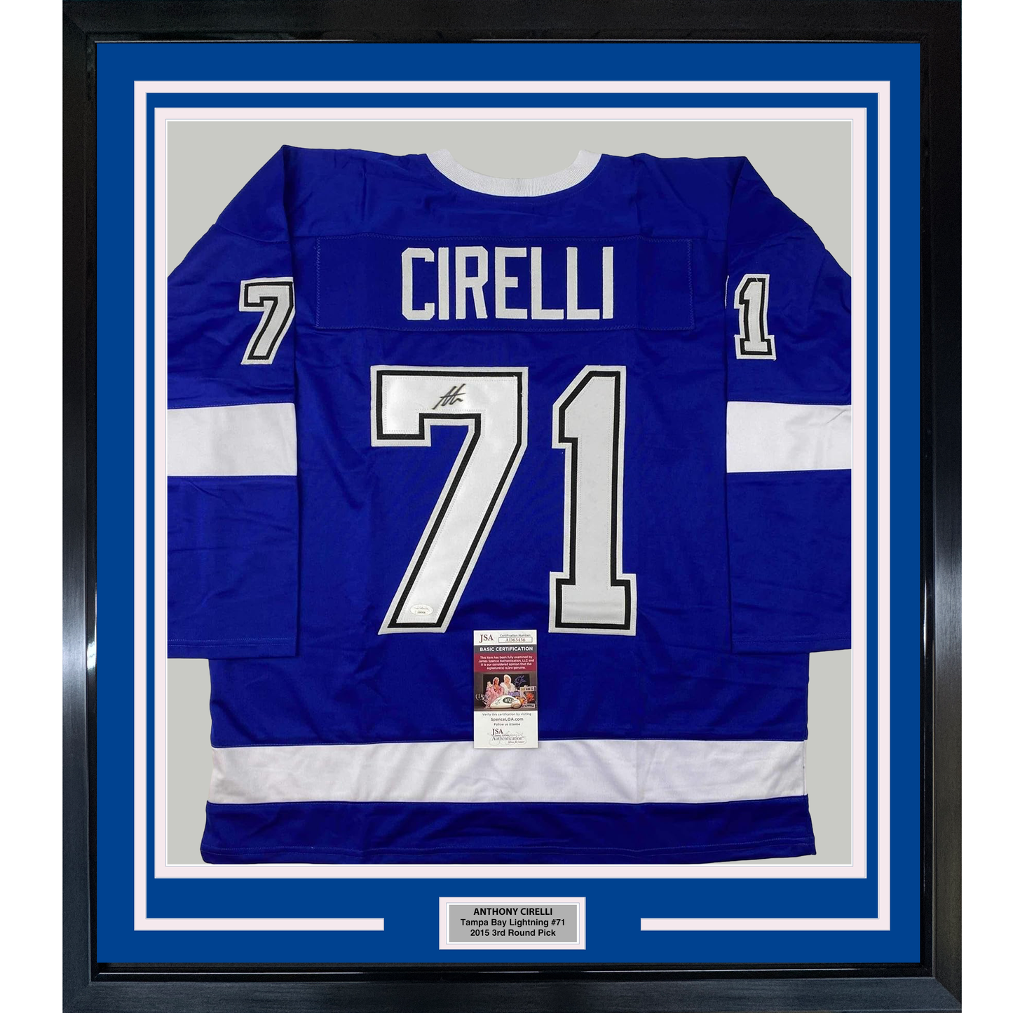 Framed Autographed/Signed Anthony Cirelli 35x39 Tampa Bay Blue Hockey Jersey JSA COA