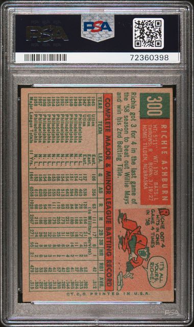 Graded 1959 Topps Richie Ashburn #300 Baseball Card PSA 5 Excellent
