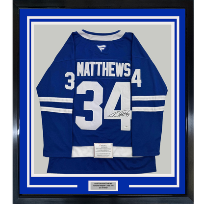Framed Autographed/Signed Auston Matthews 35x39 Toronto Maple Leafs Authentic Blue Hockey Jersey Fanatics COA