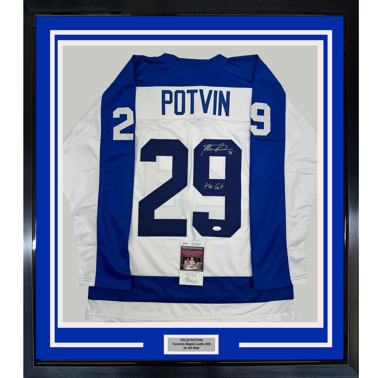 Framed Autographed/Signed Felix Potvin The Cat 35x39 Toronto White Hockey Jersey JSA COA