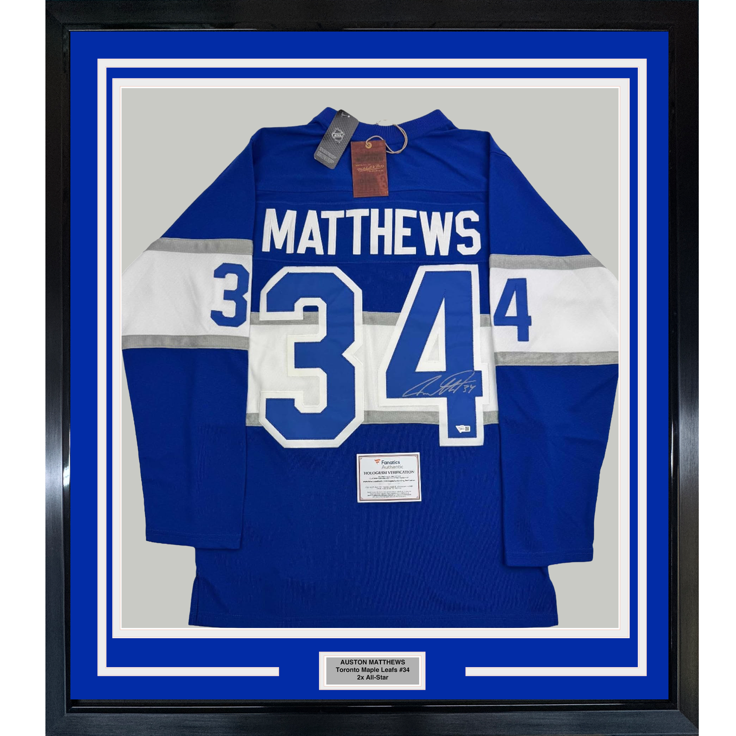 Framed Autographed/Signed Auston Matthews 35x39 Toronto Maple Leafs Authentic Mitchell & Ness Blue Hockey Jersey Fanatics COA