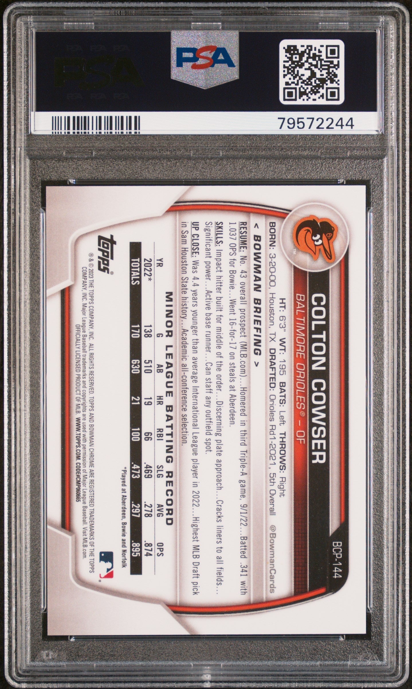 Graded 2023 Topps Bowman Colton Cowser #BCP144 Chrome Prospects Speckle Refractor #/299 Rookie RC Baseball Card PSA 10 Gem Mint