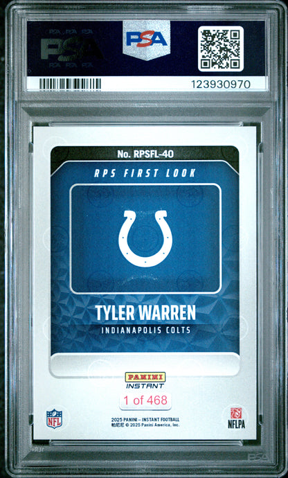 Graded 2025 Panini Instant Tyler Warren #RPSFL40 RPS First Look Rookie RC Football Card PSA 9 Mint