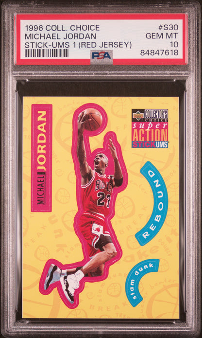Graded 1996 Upper Deck Collectors Choice Michael Jordan #S30 Stick Ums 1 Red Jersey Basketball Card PSA 10 Gem Mint