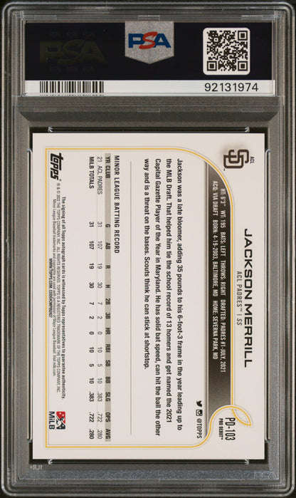Graded 2022 Topps Pro Debut Jackson Merrill #PD103 Autograph Rookie RC Baseball Card PSA 10 Gem Mint