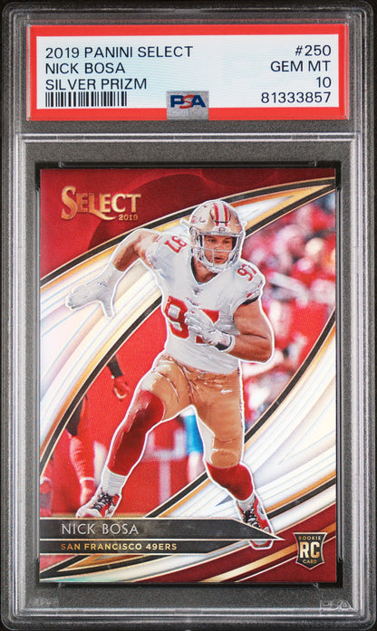 Graded 2019 Panini Select Nick Bosa #250 Silver Prizm Rookie RC Football Card PSA 10 Gem Mint