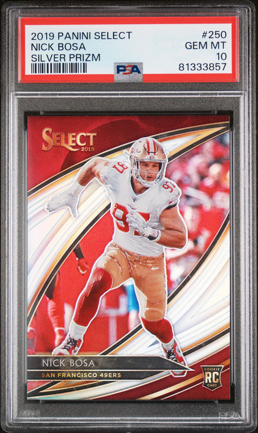 Graded 2019 Panini Select Nick Bosa #250 Silver Prizm Rookie RC Football Card PSA 10 Gem Mint