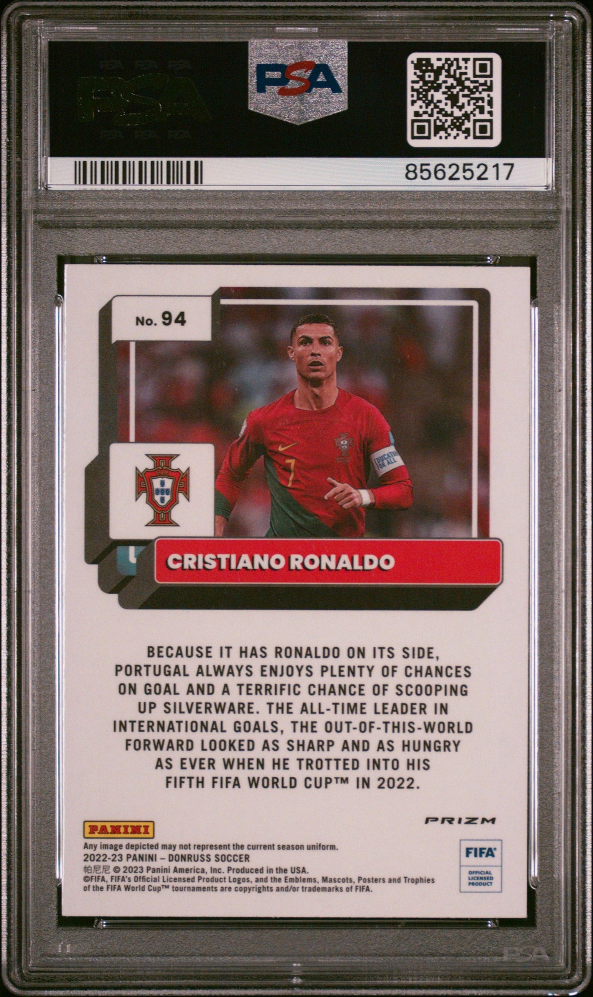 Graded 2022 Donruss FIFA Cristiano Ronaldo #94 Optic-Holo Soccer Card PSA 9 Mint