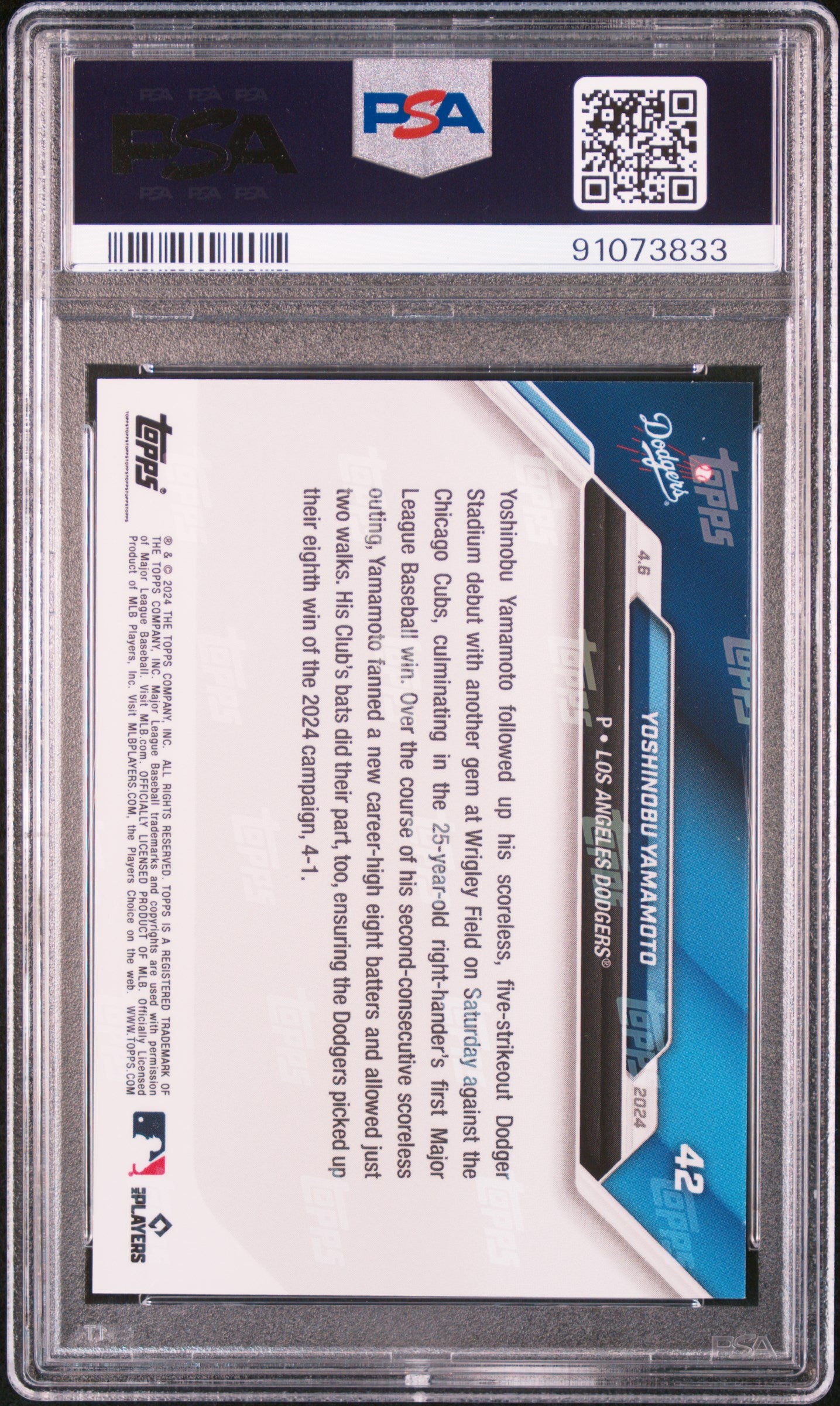 Graded 2024 Topps Now Yoshinobu Yamamoto #42 Fires Five Scoreless Frames to Secure 1st MLB Win Rookie RC Baseball Card PSA 10 Gem Mint