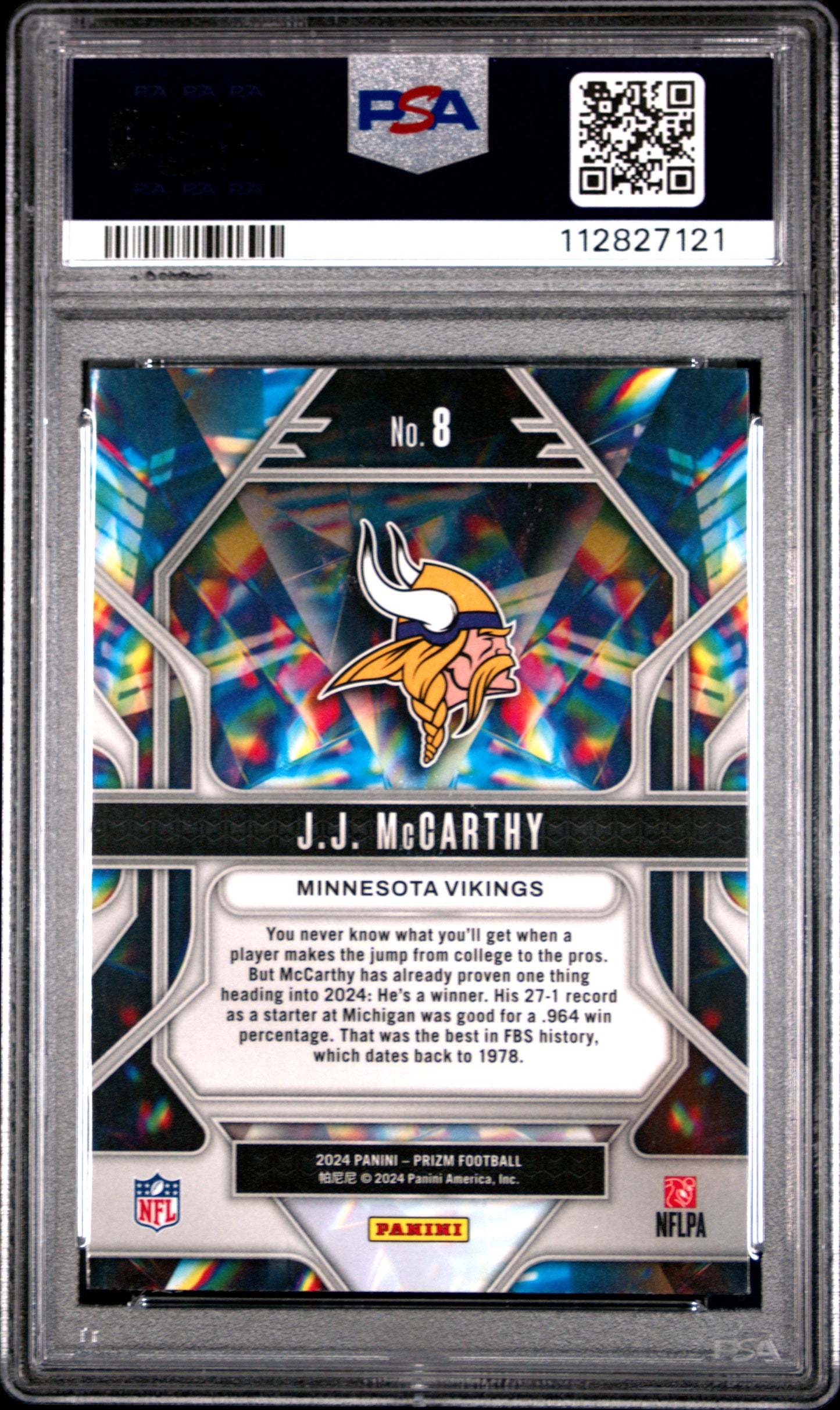 Graded 2024 Panini Prizm JJ McCarthy #8 Prizmatic Rookie RC Football Card PSA 10 Gem Mint