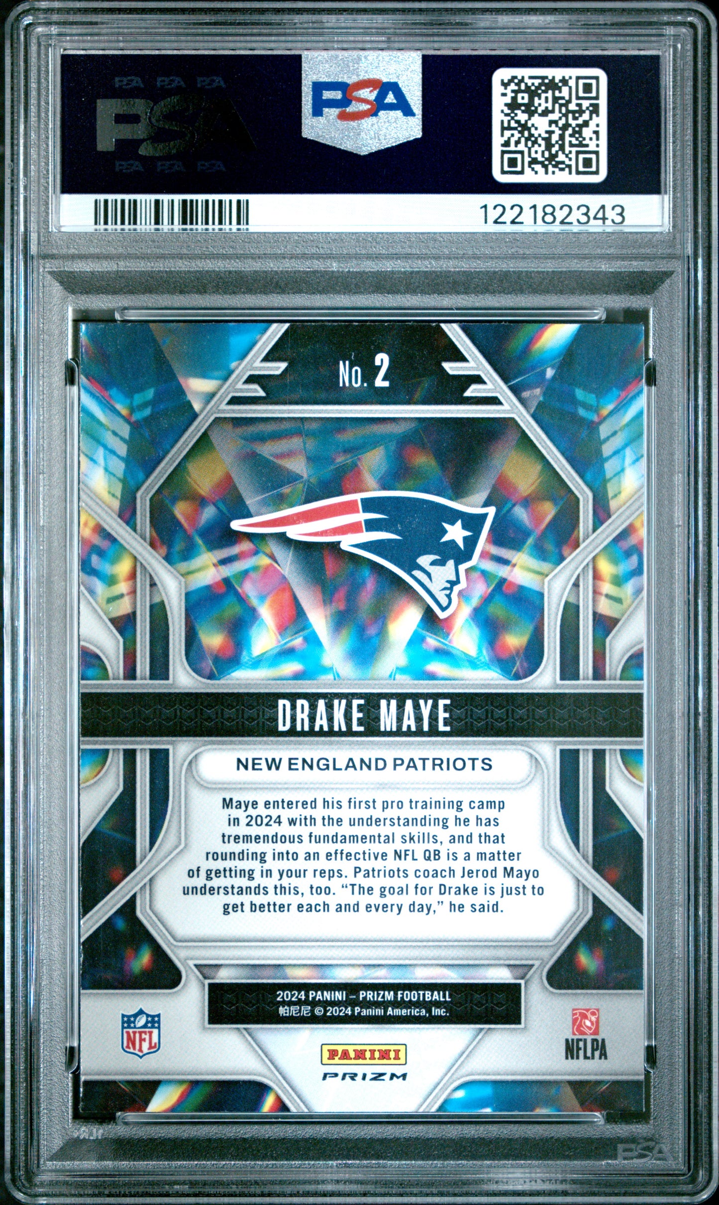 Graded 2024 Panini Prizm Drake Maye #2 Prizmatic Green Prizm Rookie RC Football Card PSA 10 Gem Mint