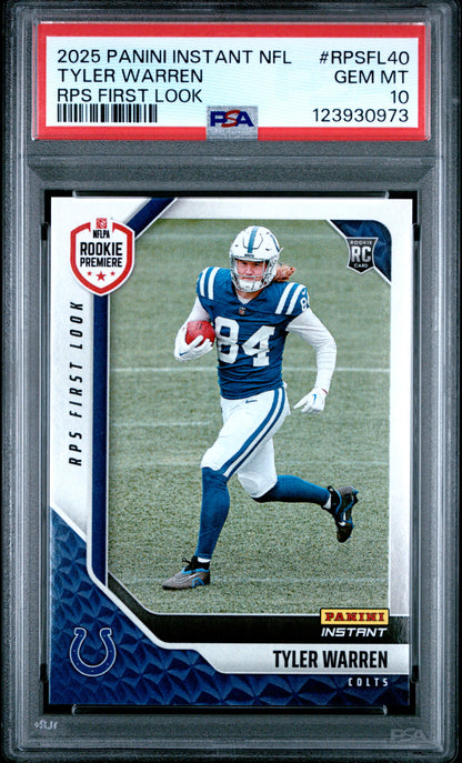 Graded 2025 Panini Instant Tyler Warren #RPSFL40 RPS First Look Rookie RC Football Card PSA 10 Gem Mint