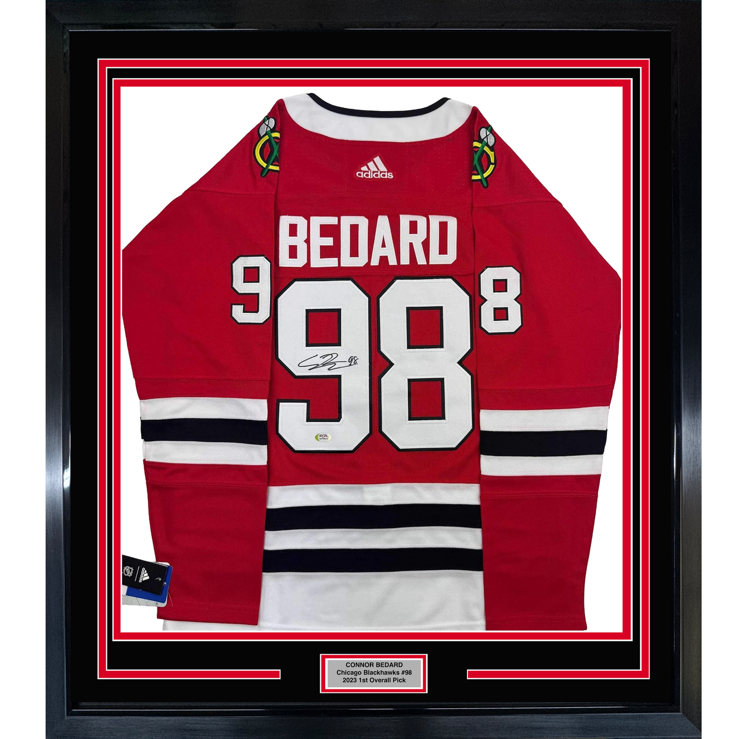 Framed Autographed/Signed Connor Bedard 35x39 Chicago Blackhawks Red Hockey Jersey PSA COA