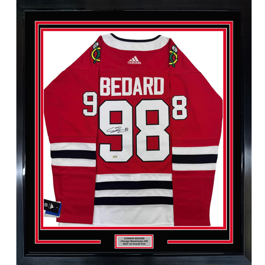 Framed Autographed/Signed Connor Bedard 35x39 Chicago Blackhawks Red Hockey Jersey PSA COA