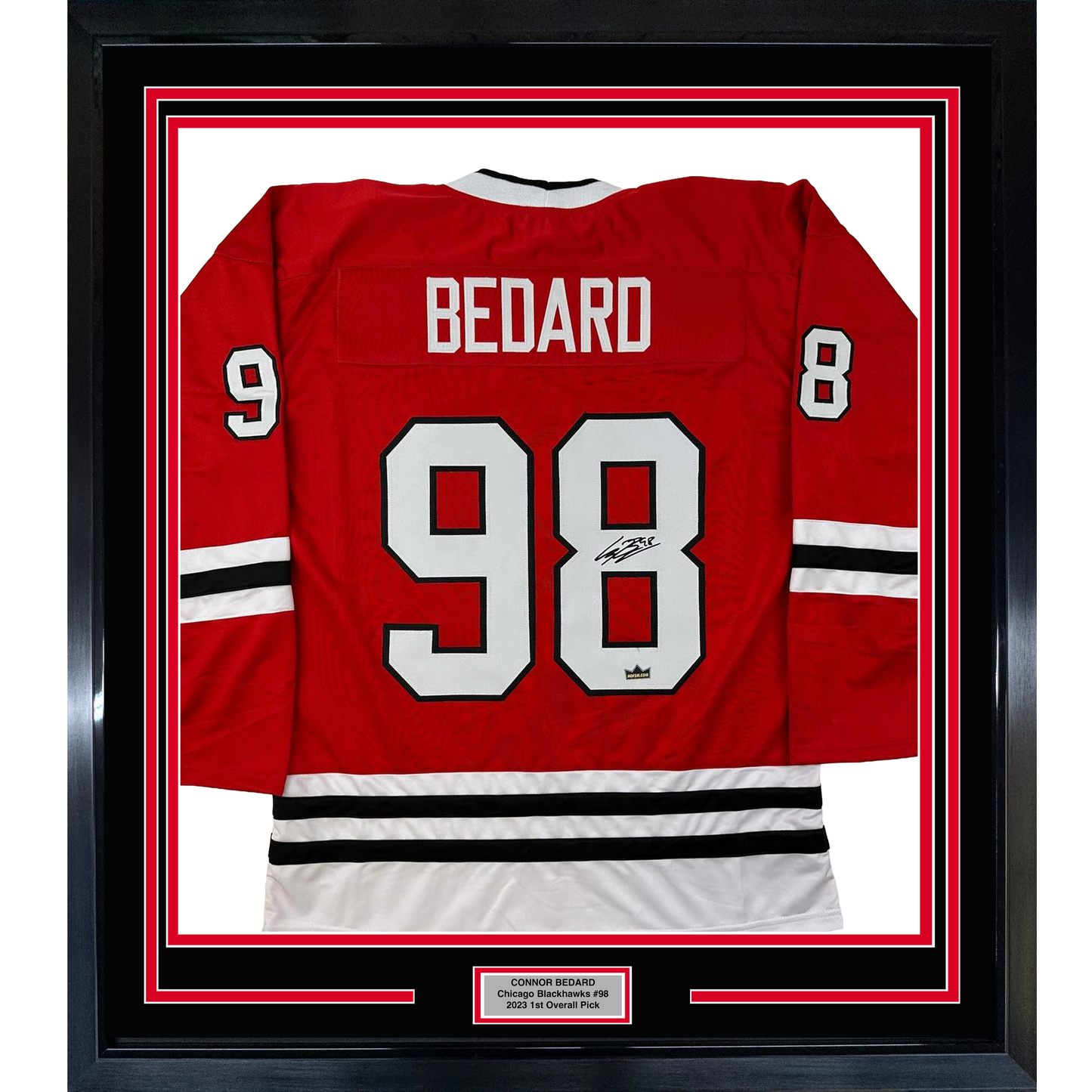 Framed Facsimile Autographed Connor Bedard 35x39 Chicago Red Reprint Laser Auto Hockey Jersey