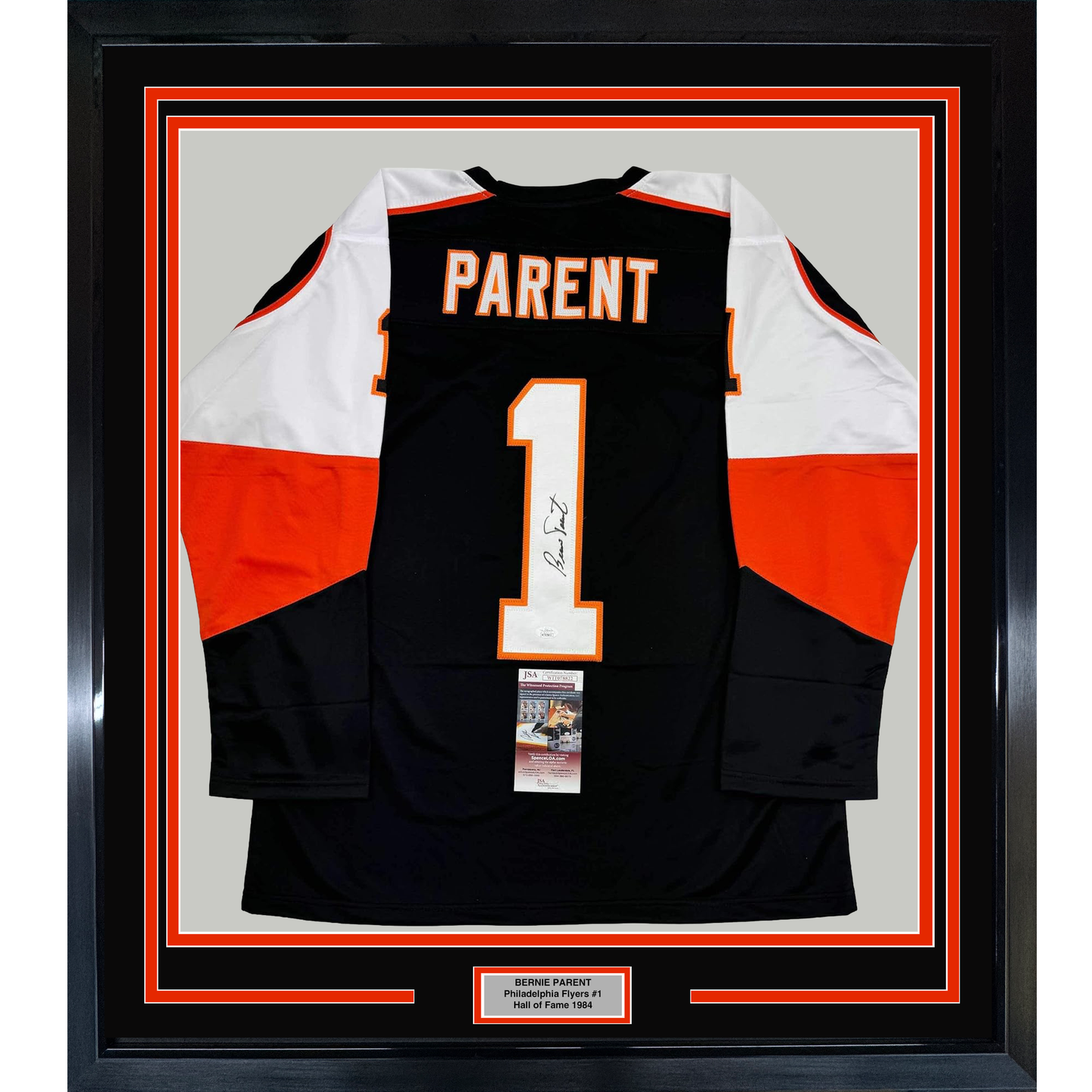 Framed Autographed/Signed Bernie Parent 35x39 Philadelphia Black Hockey Jersey JSA COA