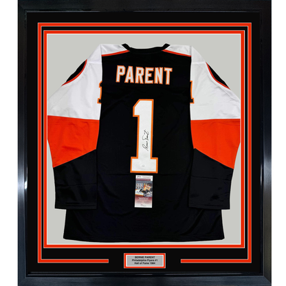 Framed Autographed/Signed Bernie Parent 35x39 Philadelphia Black Hockey Jersey JSA COA