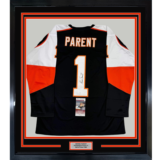 Framed Autographed/Signed Bernie Parent 35x39 Philadelphia Black Hockey Jersey JSA COA
