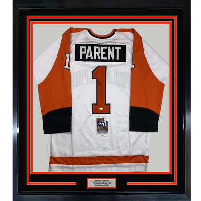 Framed Autographed/Signed Bernie Parent 35x39 Philadelphia White Hockey Jersey JSA COA