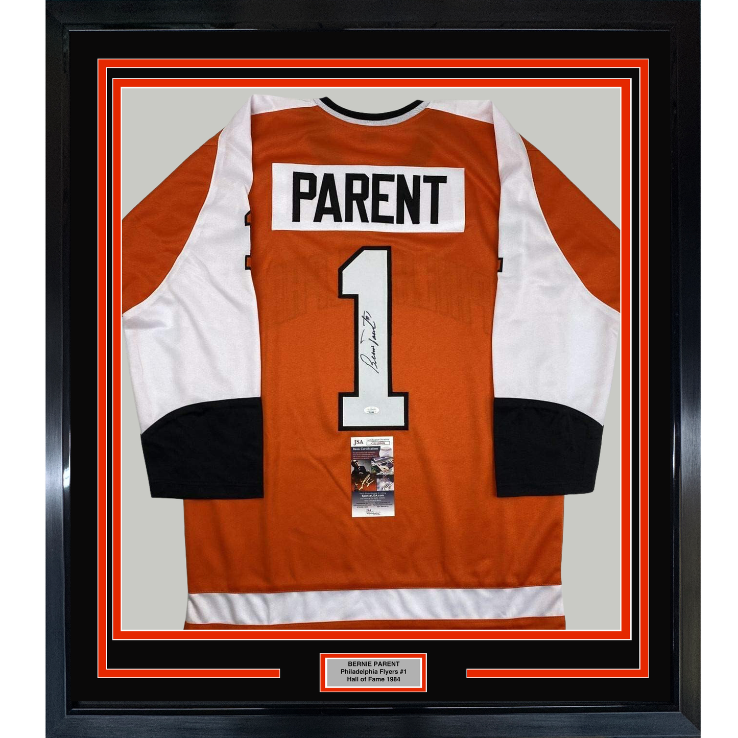 Framed Autographed/Signed Bernie Parent 35x39 Philadelphia Orange Hockey Jersey JSA COA