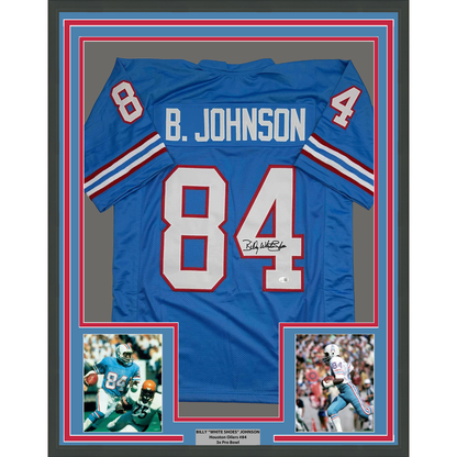 Framed Autographed/Signed Billy White Shoes Johnson 35x39 Tennessee Retro Light Blue Football Jersey JSA COA