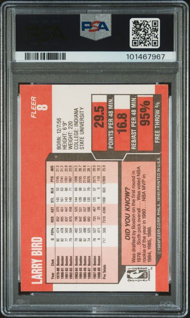 Graded 1989 Fleer Larry Bird #8 Basketball Card PSA 9 Mint