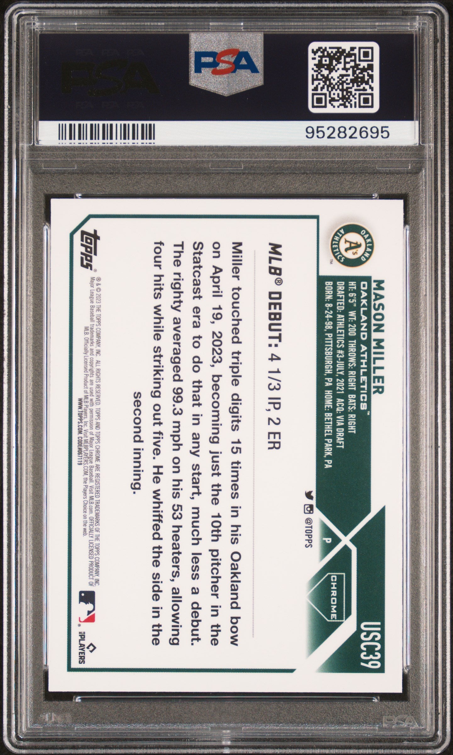 Graded 2023 Topps Chrome Update Mason Miller #USC39 Rookie RC Baseball Card PSA 10 Gem Mint