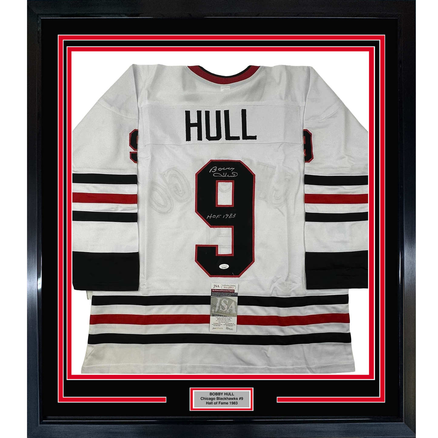 Framed Autographed/Signed Bobby Hull 35x39 HOF 1983 Chicago White Hockey Jersey JSA COA