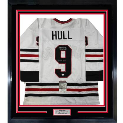 Framed Autographed/Signed Bobby Hull 35x39 HOF 1983 Chicago White Hockey Jersey JSA COA