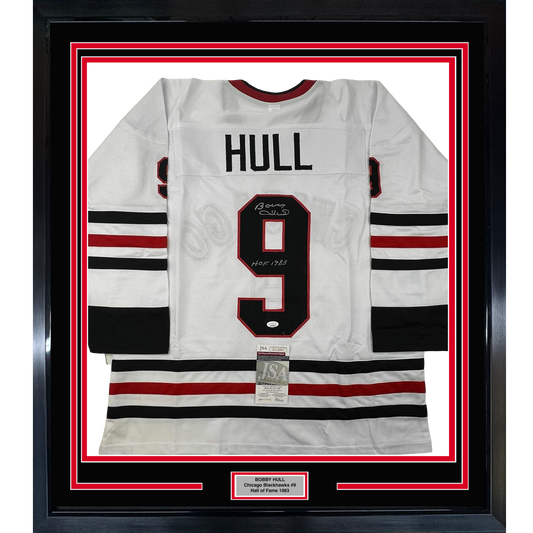 Framed Autographed/Signed Bobby Hull 35x39 HOF 1983 Chicago White Hockey Jersey JSA COA