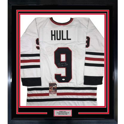 Framed Autographed/Signed Bobby Hull 35x39 Chicago White Hockey Jersey JSA COA