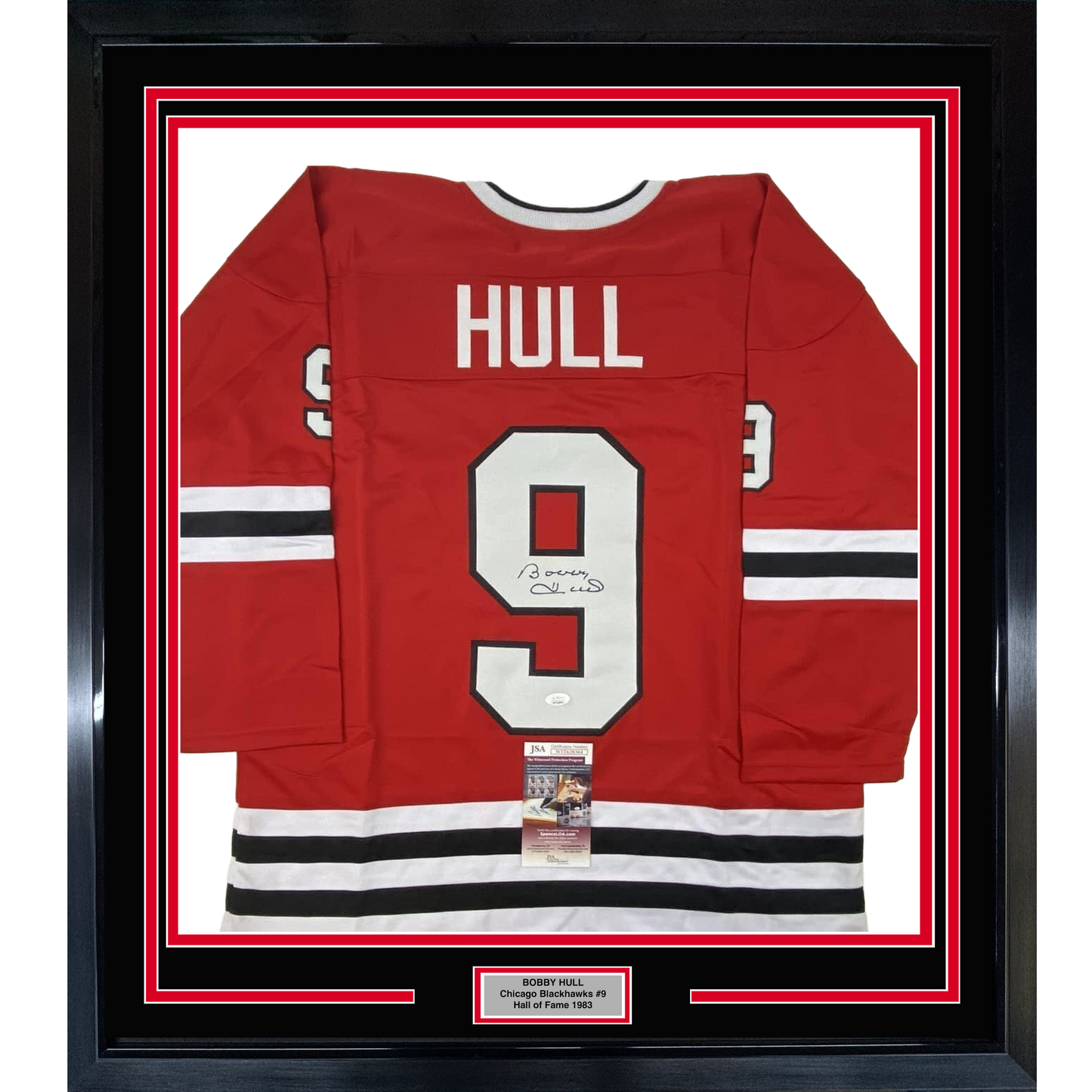 Framed Autographed/Signed Bobby Hull 35x39 Chicago Red Hockey Jersey JSA COA