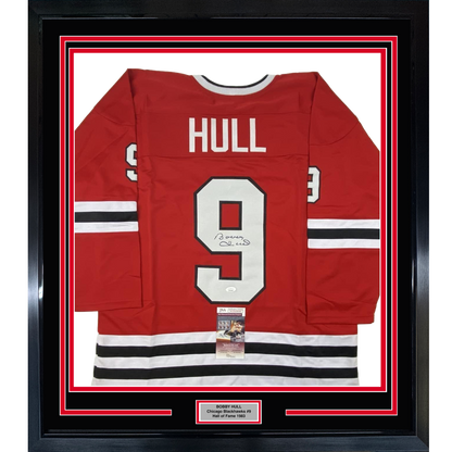 Framed Autographed/Signed Bobby Hull 35x39 Chicago Red Hockey Jersey JSA COA