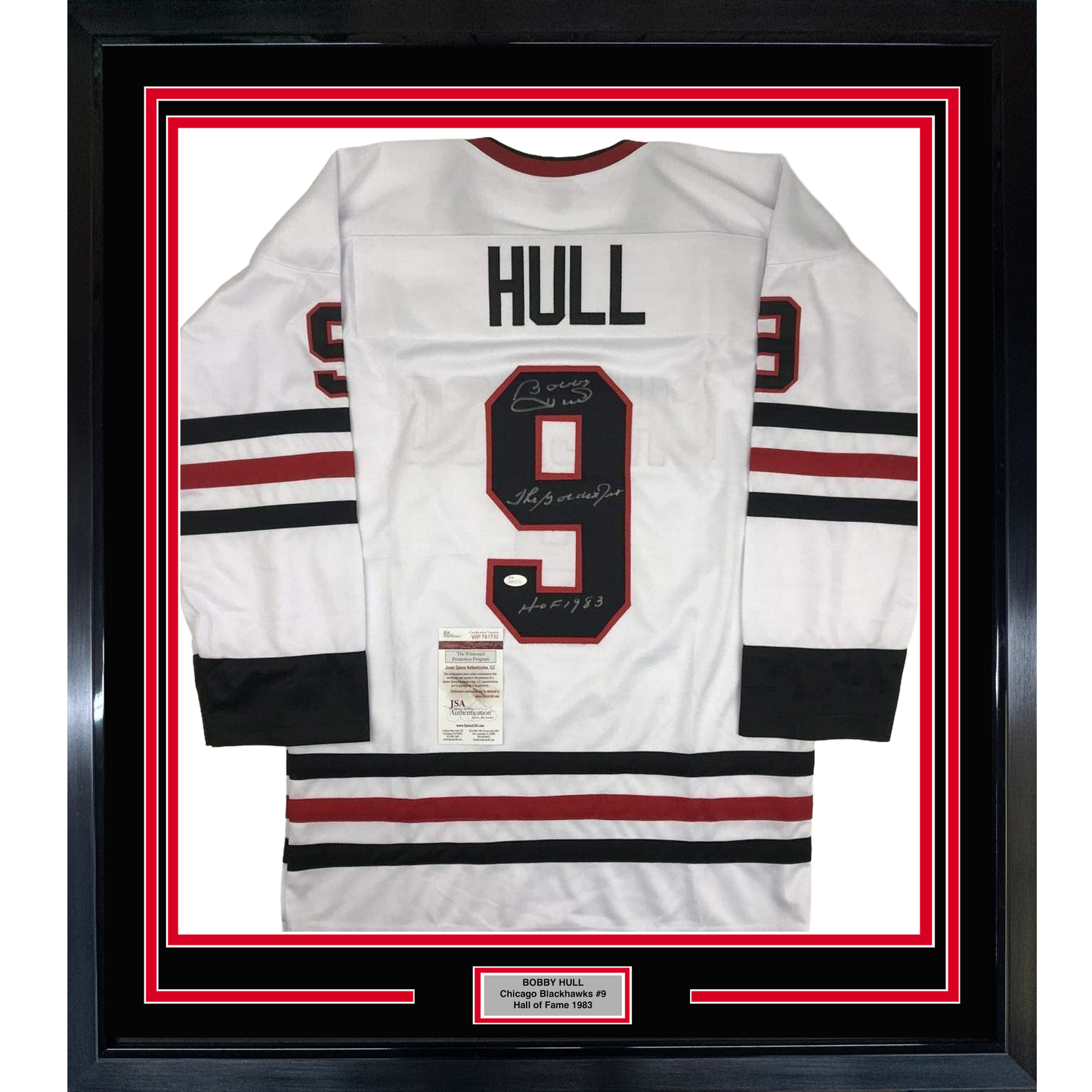 Framed Autographed/Signed Bobby Hull The Golden Jet HOF 1983 35x39 Chicago White Hockey Jersey JSA COA