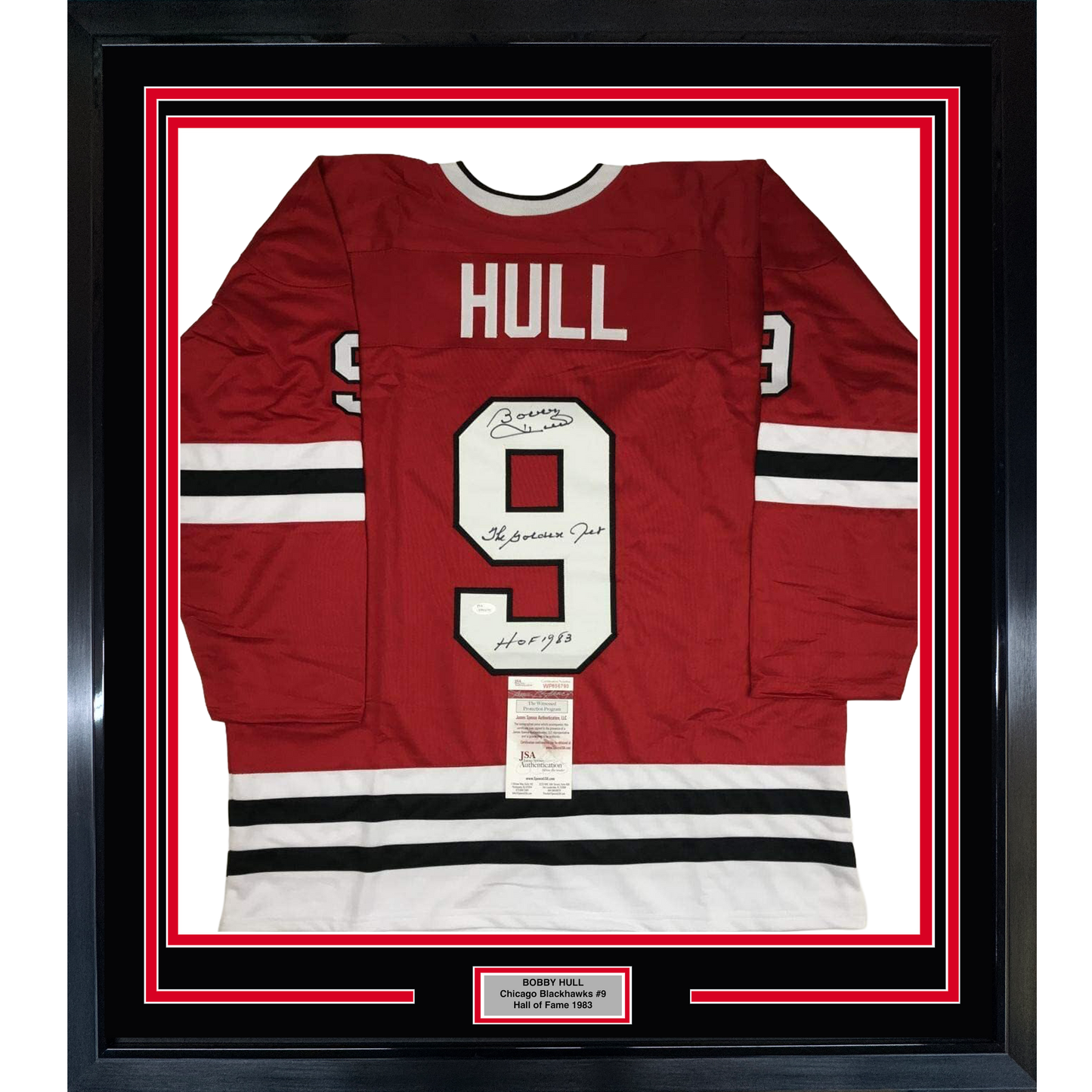 Framed Autographed/Signed Bobby Hull HOF 1983 The Golden Jet 35x39 Chicago Red Hockey Jersey JSA COA