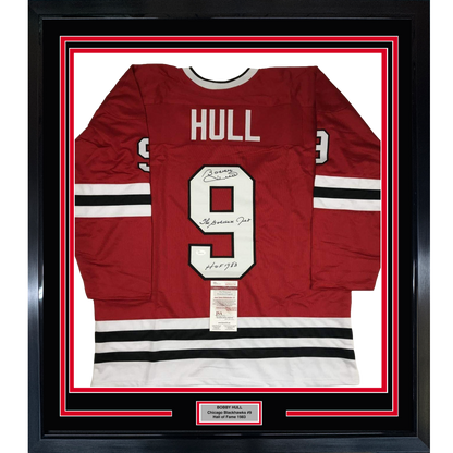 Framed Autographed/Signed Bobby Hull HOF 1983 The Golden Jet 35x39 Chicago Red Hockey Jersey JSA COA