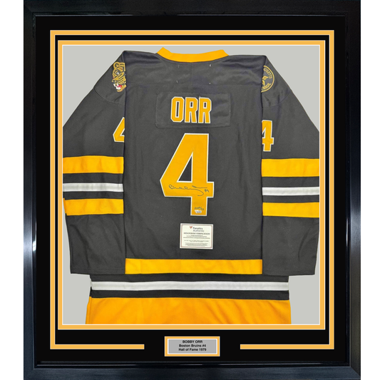 Framed Autographed/Signed Bobby Orr 35x39 "HOF 79" Boston Bruins Black Hockey Jersey Fanatics COA